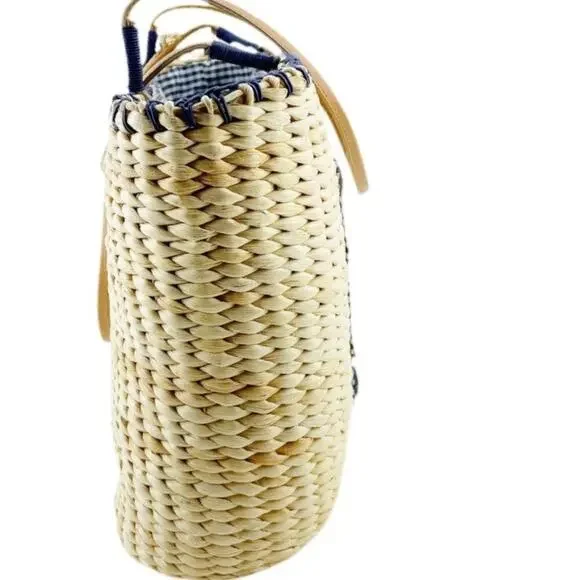 Breckenridge Straw Tote Bag Purse Blonde Wicker Picnic Blue Check Teacup Bee - Picture 4 of 10